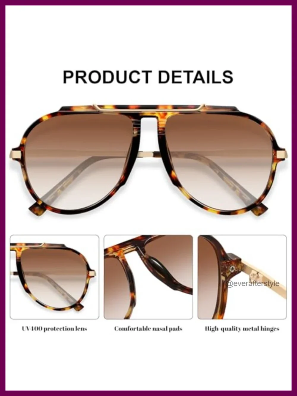 Oversized Aviator Sunglasses Retro Metal Frame UV Protection